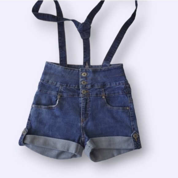 True Vintage Y2K Retro High Rise Overall Denim Shorts - Picture 3 of 15